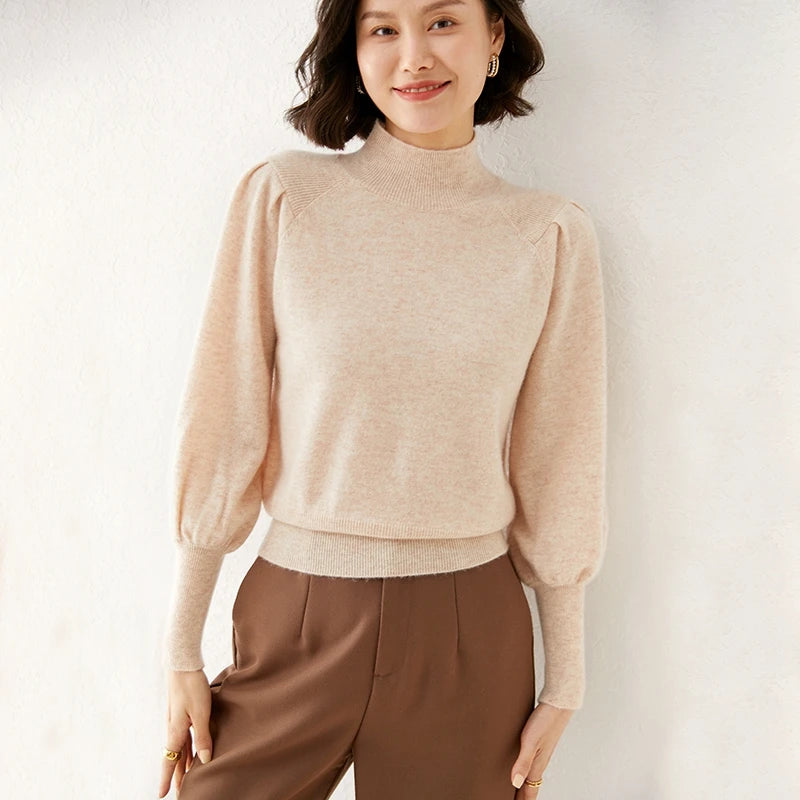 Women’s Merino Wool High-Neck Sweater – Soft Luxury with Puffed Sleeves