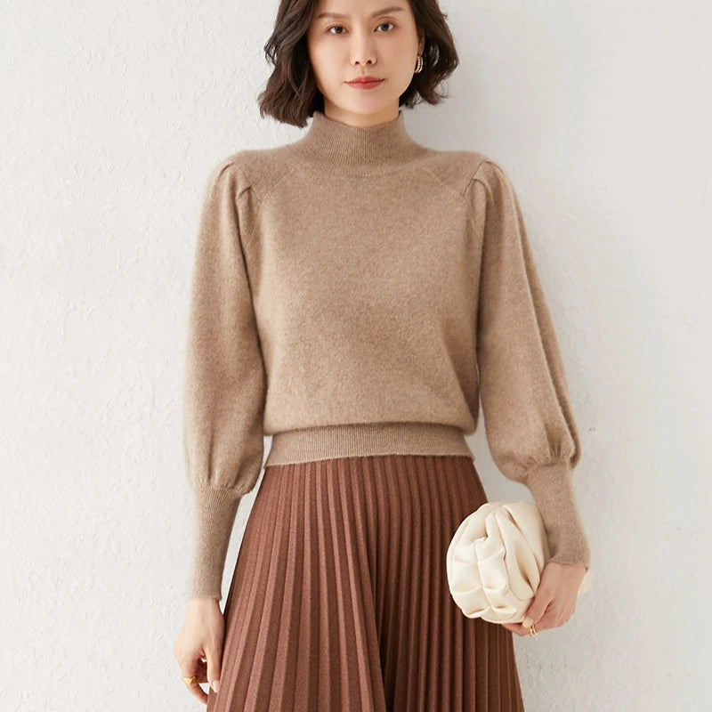 Women’s Merino Wool High-Neck Sweater – Soft Luxury with Puffed Sleeves
