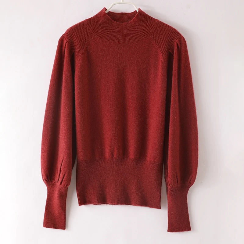 Women’s Merino Wool High-Neck Sweater – Soft Luxury with Puffed Sleeves