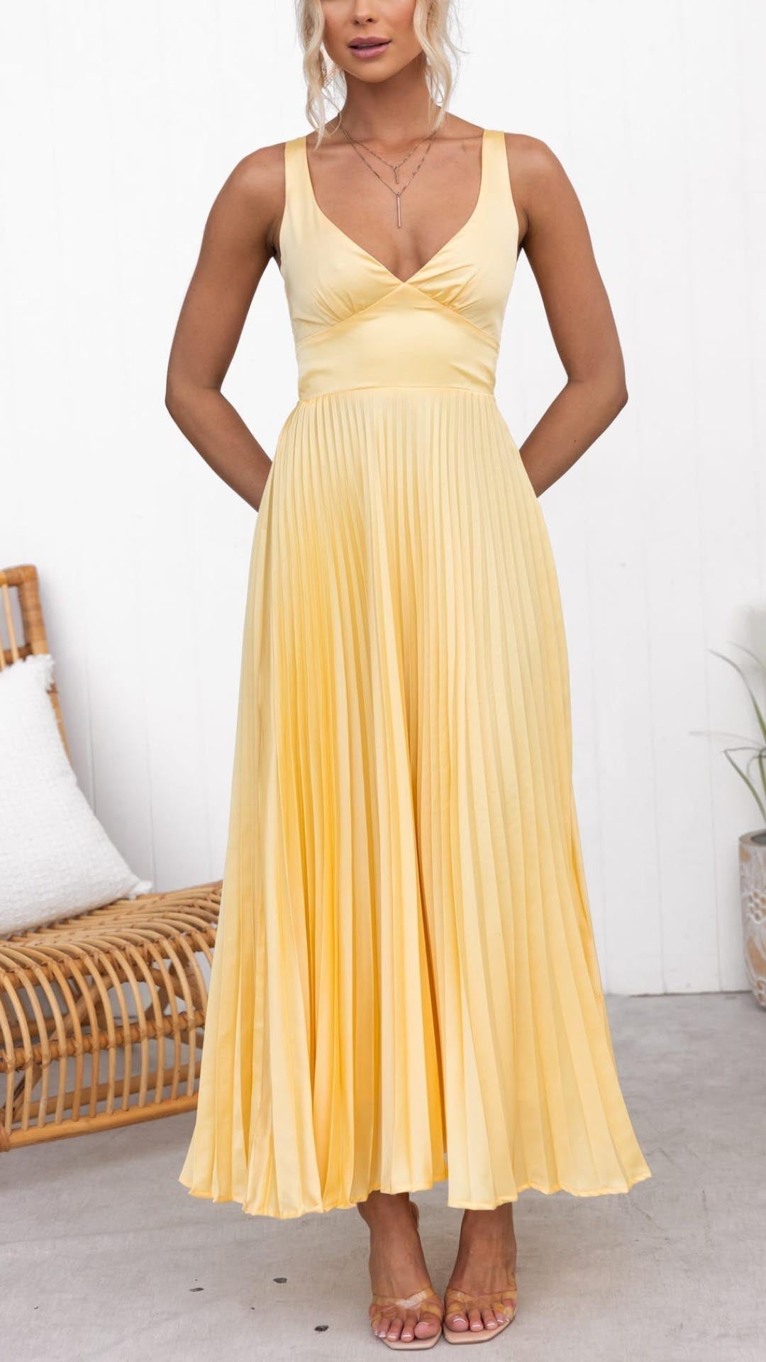 Solaria | Women’s Pleated Midi Dress in Sun Yellow
