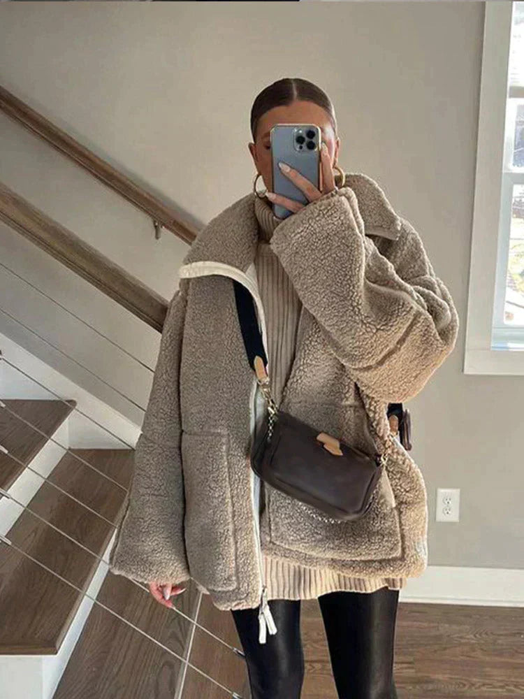 Women’s Oversized Teddy Fleece Zip Jacket – Ultra Soft & Cozy Winter Layer