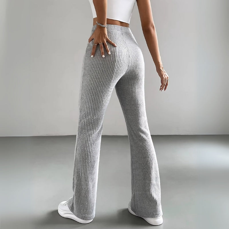 Flare Pants for Women – Slim Fit Ribbed Trousers with Elastic Waist for Everyday and Smart Wear