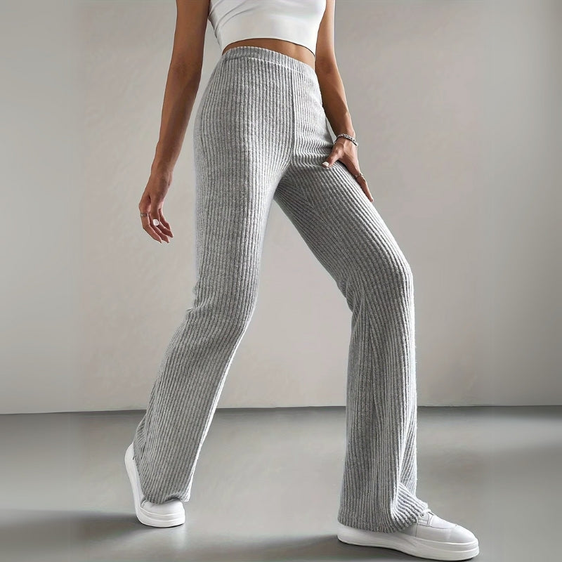 Flare Pants for Women – Slim Fit Ribbed Trousers with Elastic Waist for Everyday and Smart Wear