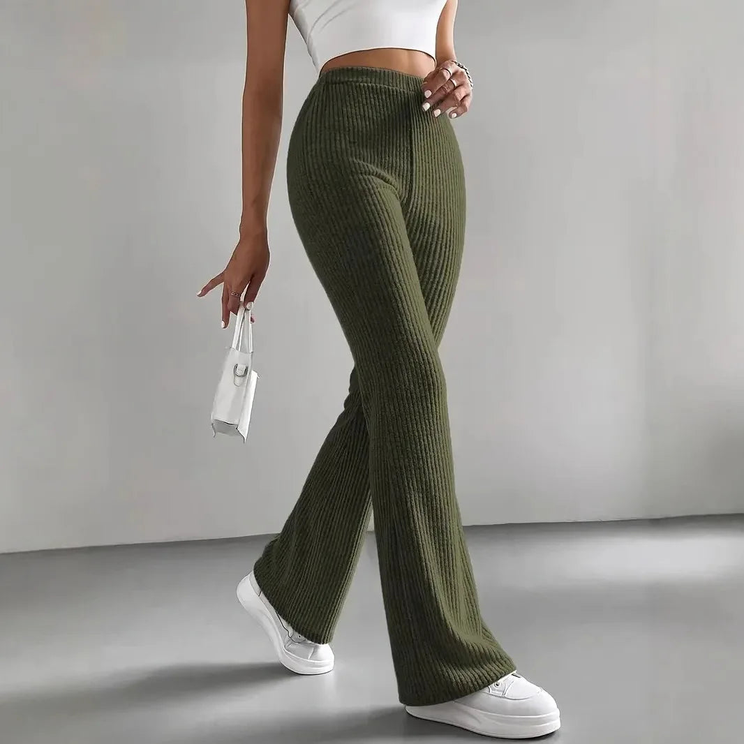 Flare Pants for Women – Slim Fit Ribbed Trousers with Elastic Waist for Everyday and Smart Wear