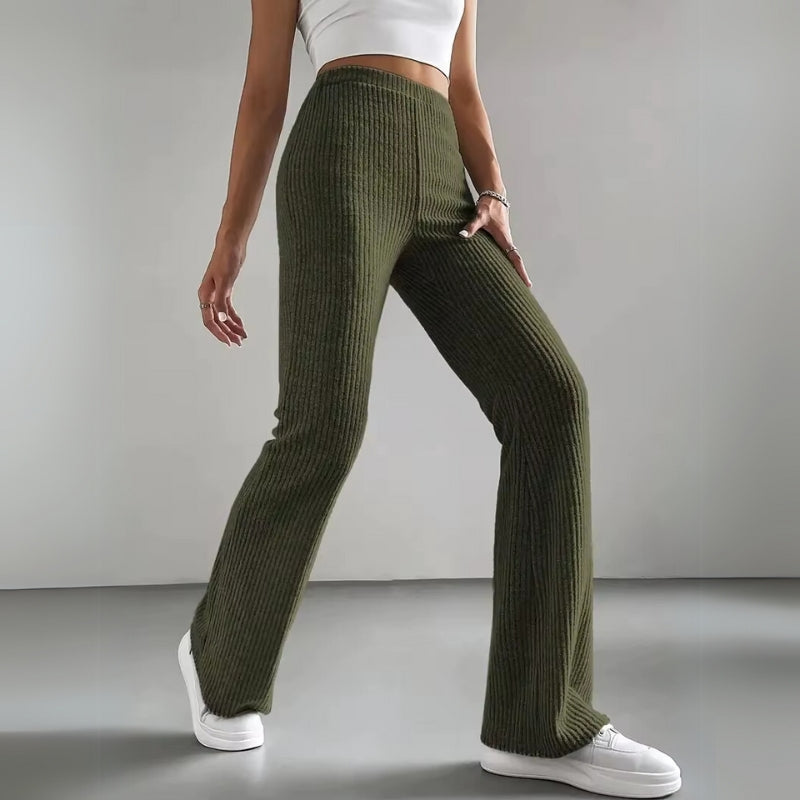 Flare Pants for Women – Slim Fit Ribbed Trousers with Elastic Waist for Everyday and Smart Wear