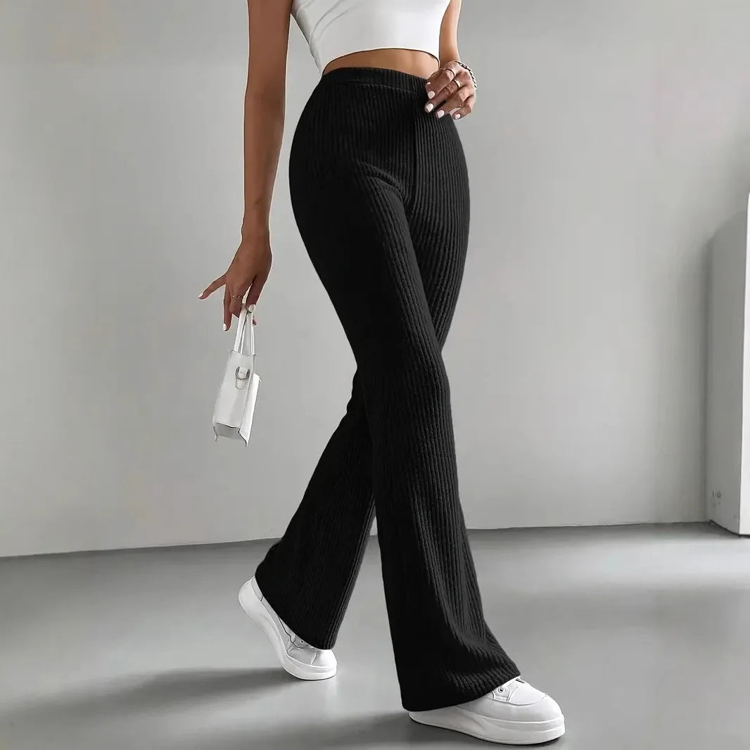 Flare Pants for Women – Slim Fit Ribbed Trousers with Elastic Waist for Everyday and Smart Wear