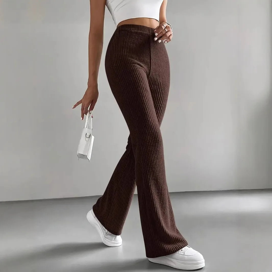 Flare Pants for Women – Slim Fit Ribbed Trousers with Elastic Waist for Everyday and Smart Wear