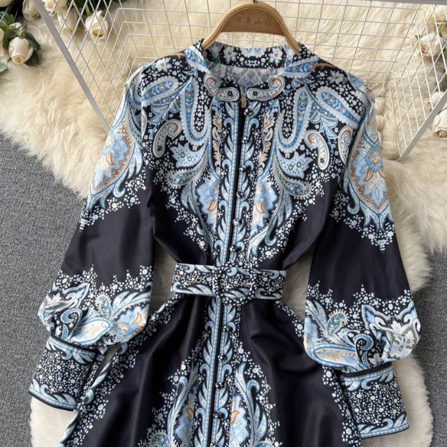 Floral Print A-Line Dress with Belted Waist