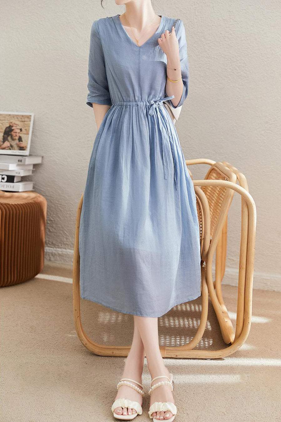 Women’s V Neck Flare Dress – Short Sleeve Drawstring Waist Summer Dress