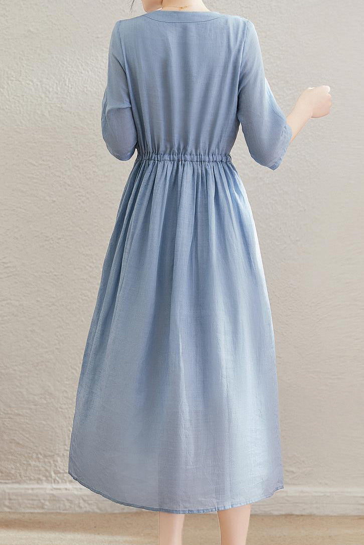 Women’s V Neck Flare Dress – Short Sleeve Drawstring Waist Summer Dress