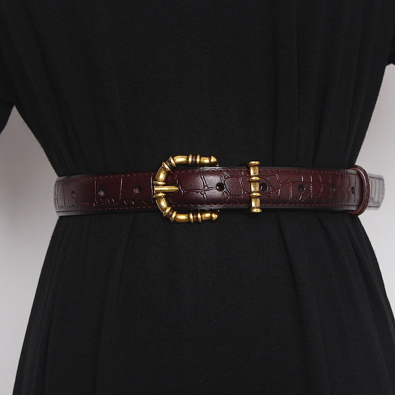 Leather Waist Belt for Women – Croc-Effect Finish with Gold-Tone Buckle for Dresses and Blazers
