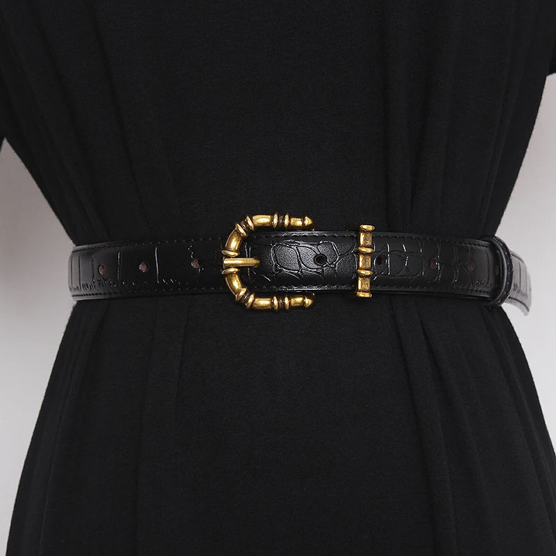 Leather Waist Belt for Women – Croc-Effect Finish with Gold-Tone Buckle for Dresses and Blazers