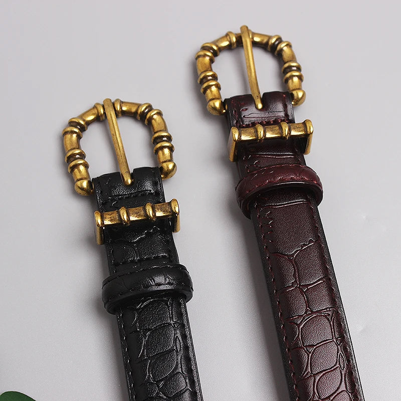 Leather Waist Belt for Women – Croc-Effect Finish with Gold-Tone Buckle for Dresses and Blazers