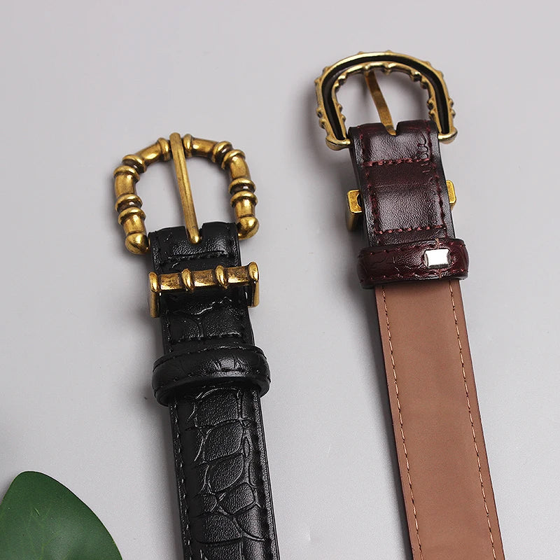Leather Waist Belt for Women – Croc-Effect Finish with Gold-Tone Buckle for Dresses and Blazers