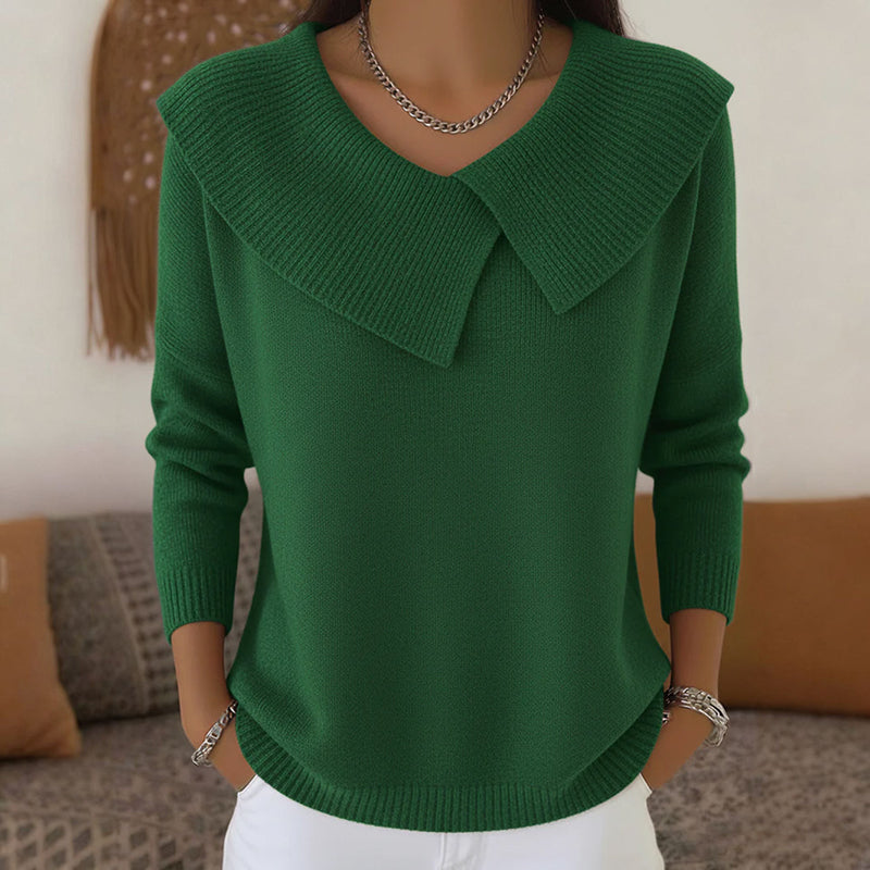V-Neck Knit Sweater for Women – Regular Fit Long Sleeve Jumper with Folded Collar for Everyday Wear