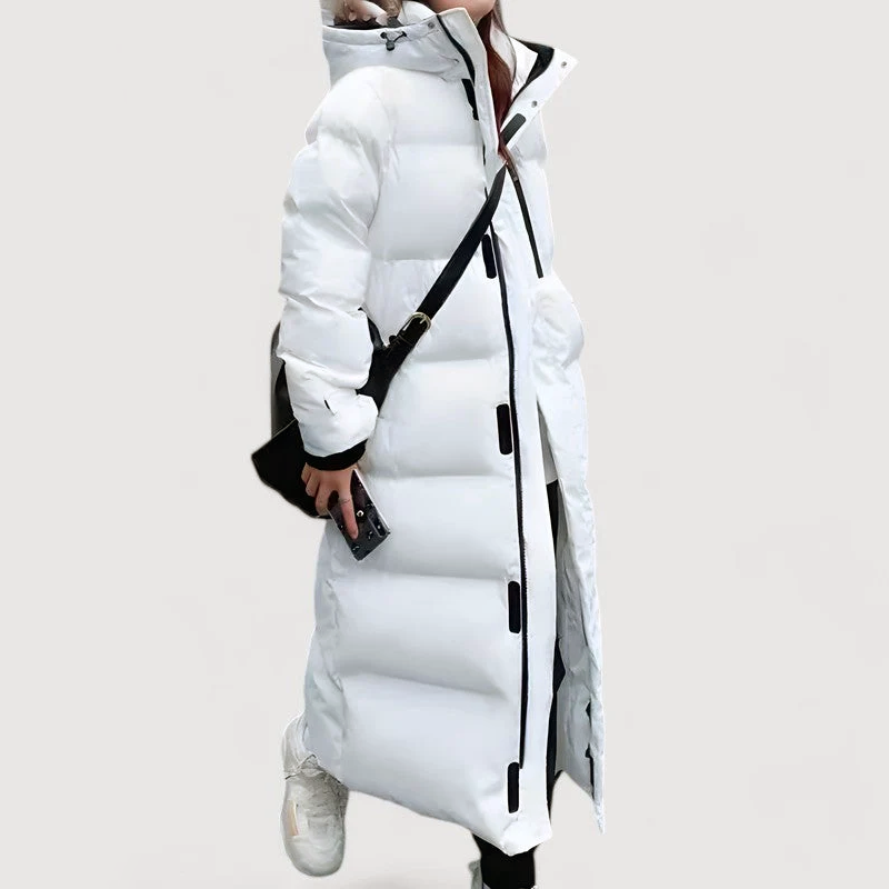 Women’s Extra-Long Puffer Coat – Hooded Quilted Winter Jacket with Full-Length Zip