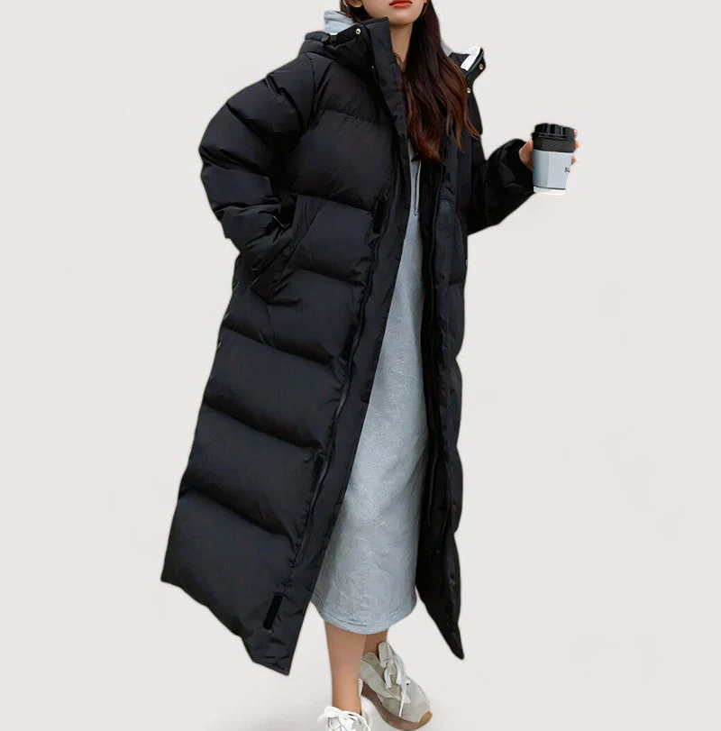 Women’s Extra-Long Puffer Coat – Hooded Quilted Winter Jacket with Full-Length Zip