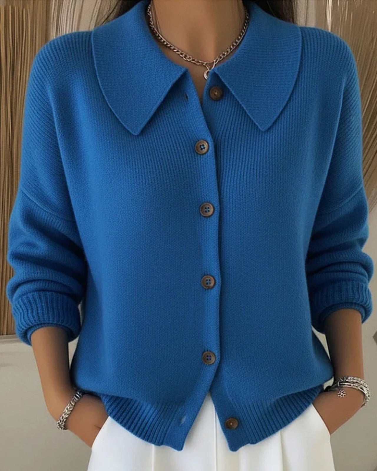 Women’s Collared Knit Sweater – Polyester Button Detail Jumper