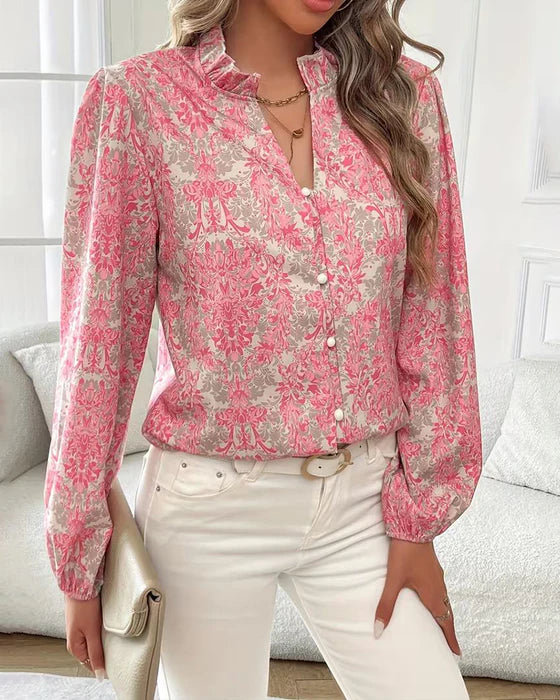 Women’s Printed Ruffle Collar Blouse – Long Sleeve Cotton Blend Spring Top