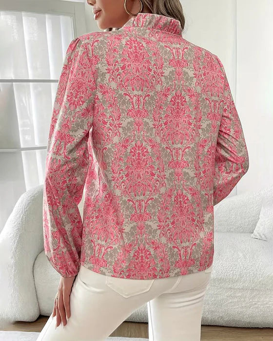 Women’s Printed Ruffle Collar Blouse – Long Sleeve Cotton Blend Spring Top