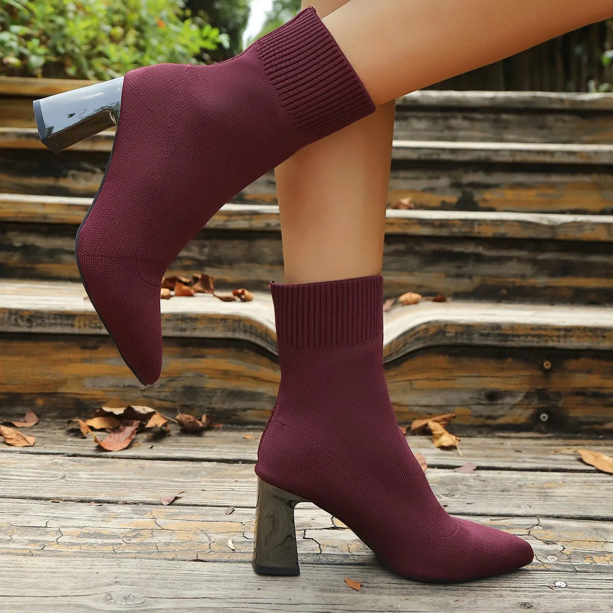 Sock Style Ankle Boots for Women – Pointed Toe Block Heel Boots for Everyday Spring Wear