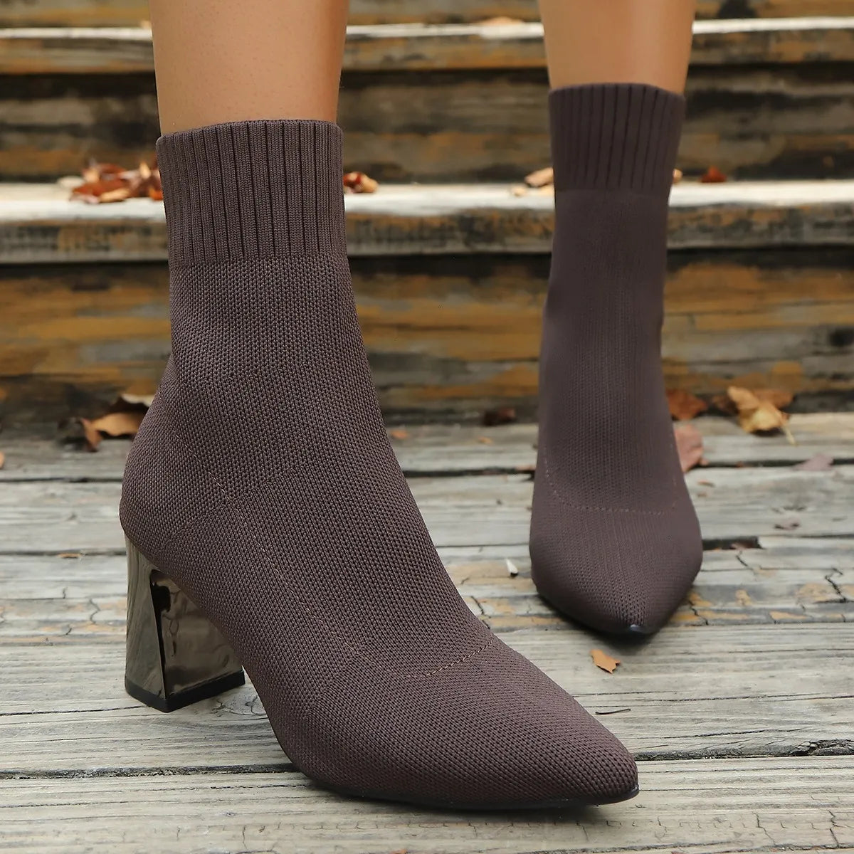 Sock Style Ankle Boots for Women – Pointed Toe Block Heel Boots for Everyday Spring Wear