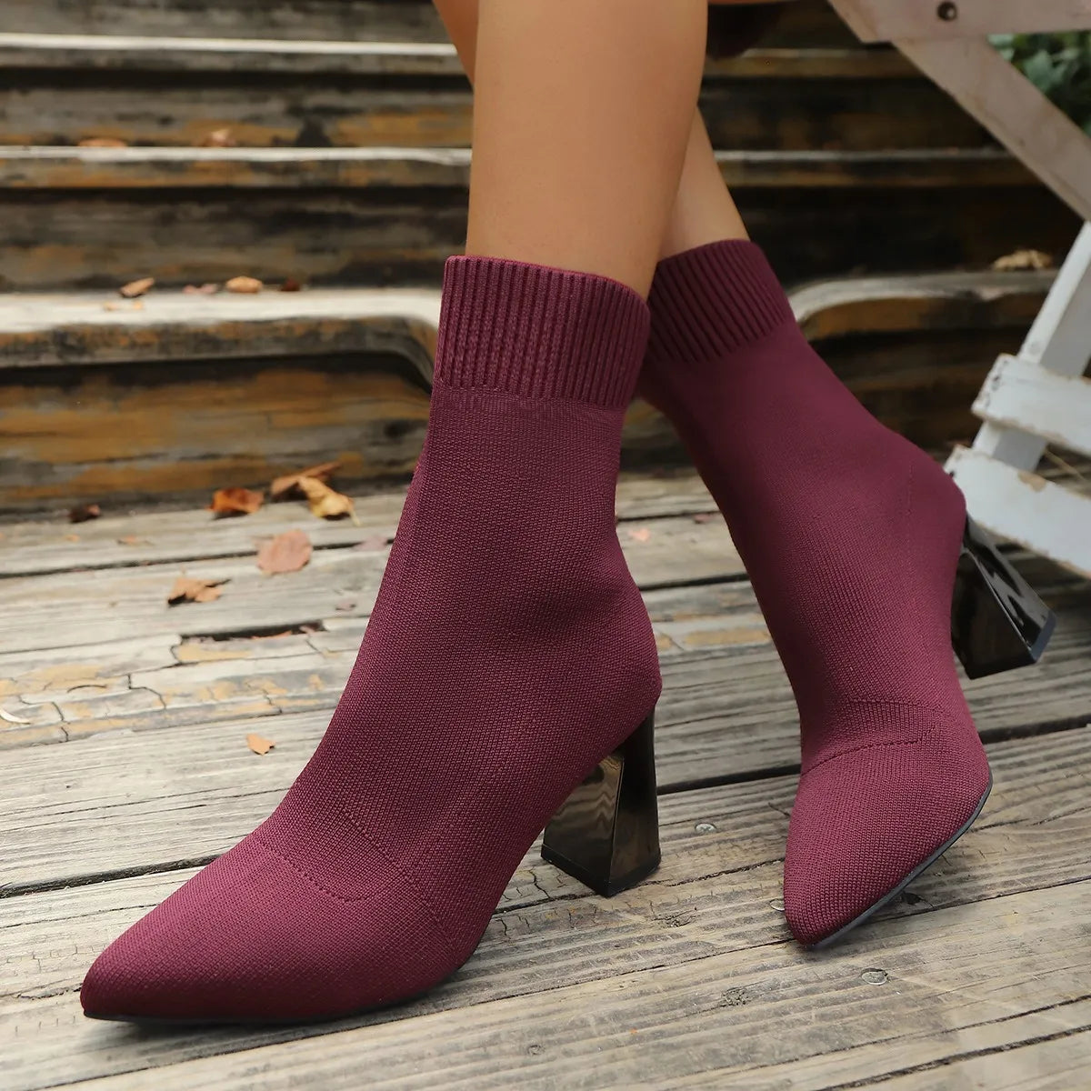 Sock Style Ankle Boots for Women – Pointed Toe Block Heel Boots for Everyday Spring Wear