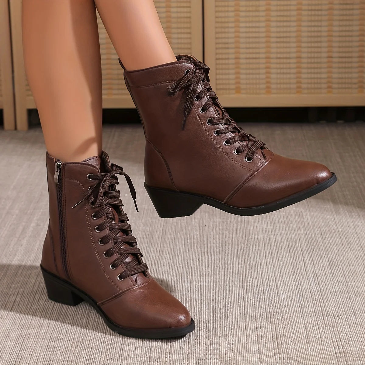 Combat Boots for Women – Mid Heel Lace-Up Boots with Side Zip for Everyday Wear