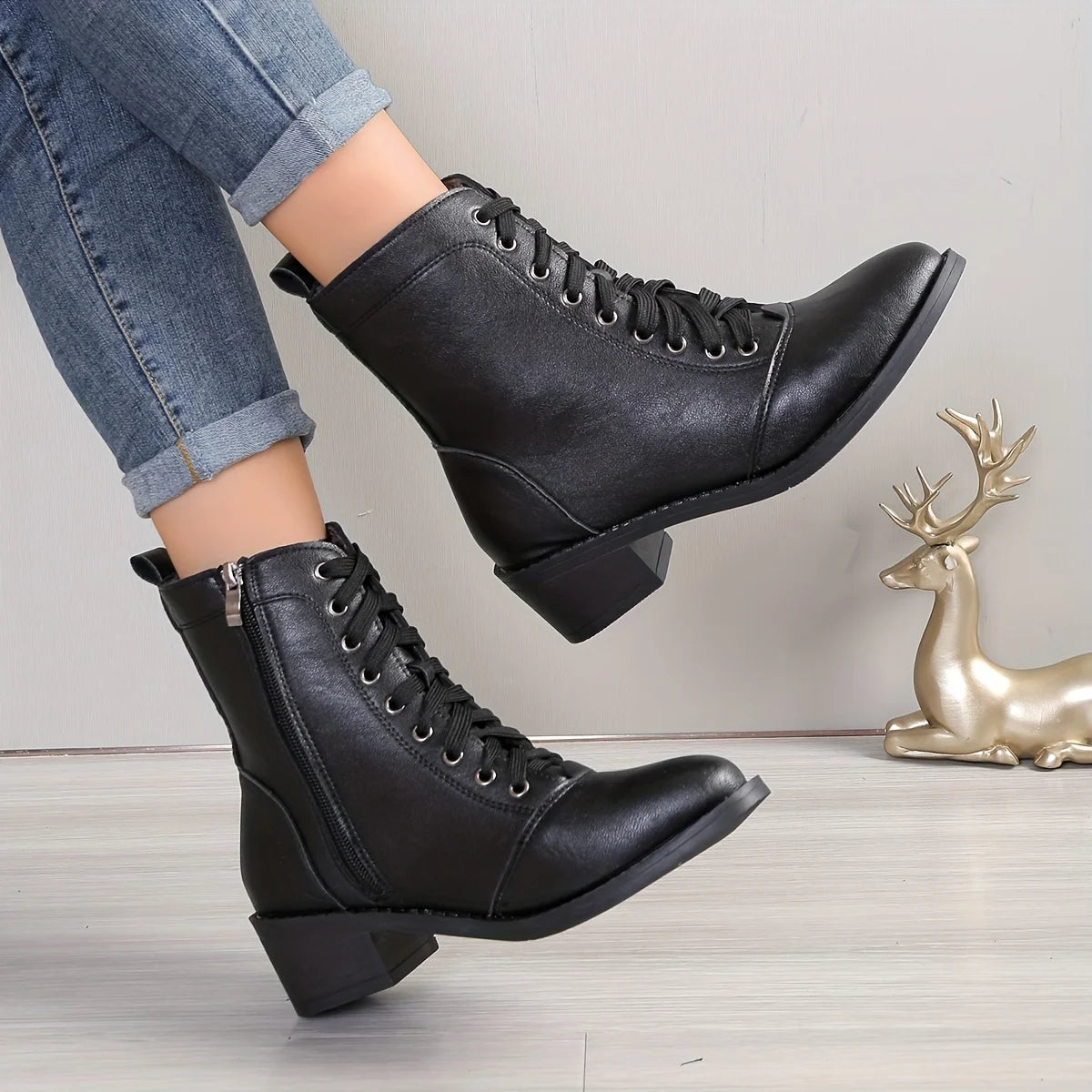 Combat Boots for Women – Mid Heel Lace-Up Boots with Side Zip for Everyday Wear