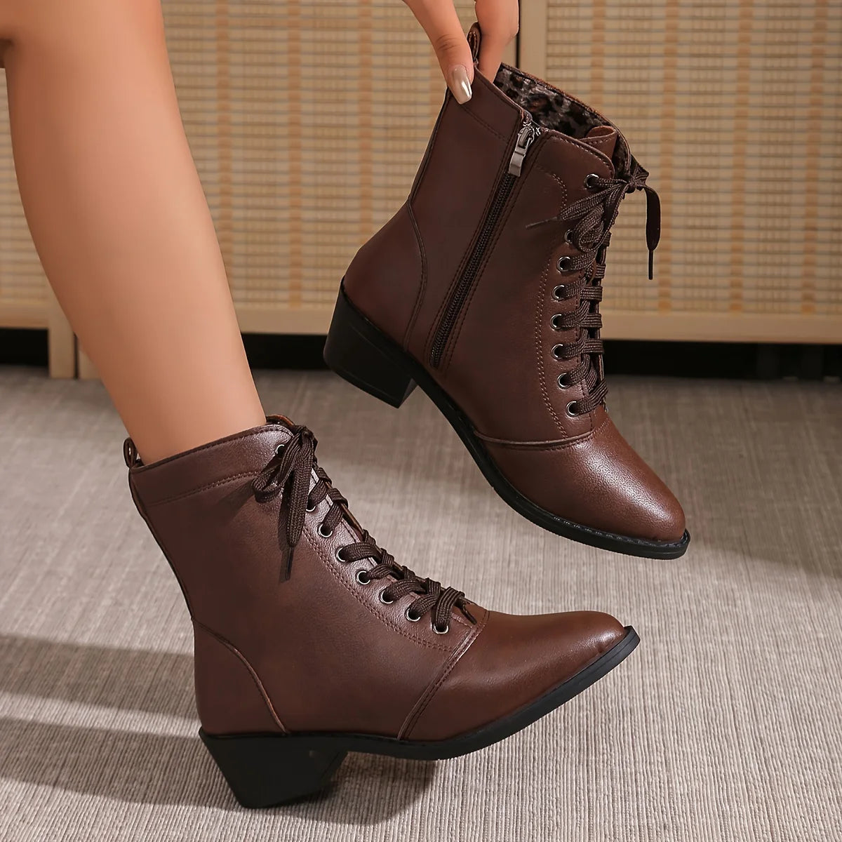 Combat Boots for Women – Mid Heel Lace-Up Boots with Side Zip for Everyday Wear
