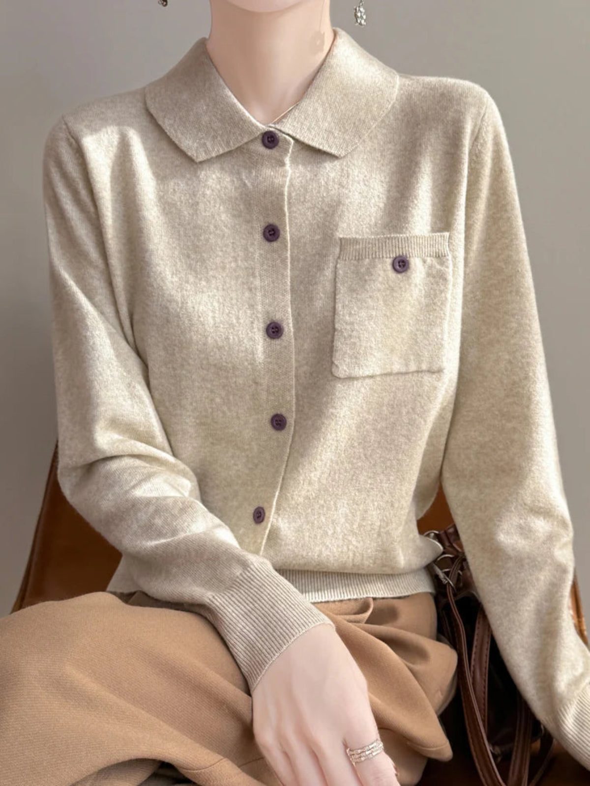 Women’s Polo Cardigan – Soft Merino Wool Button-Up Knit with Chest Pocket