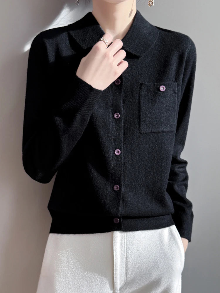 Women’s Polo Cardigan – Soft Merino Wool Button-Up Knit with Chest Pocket