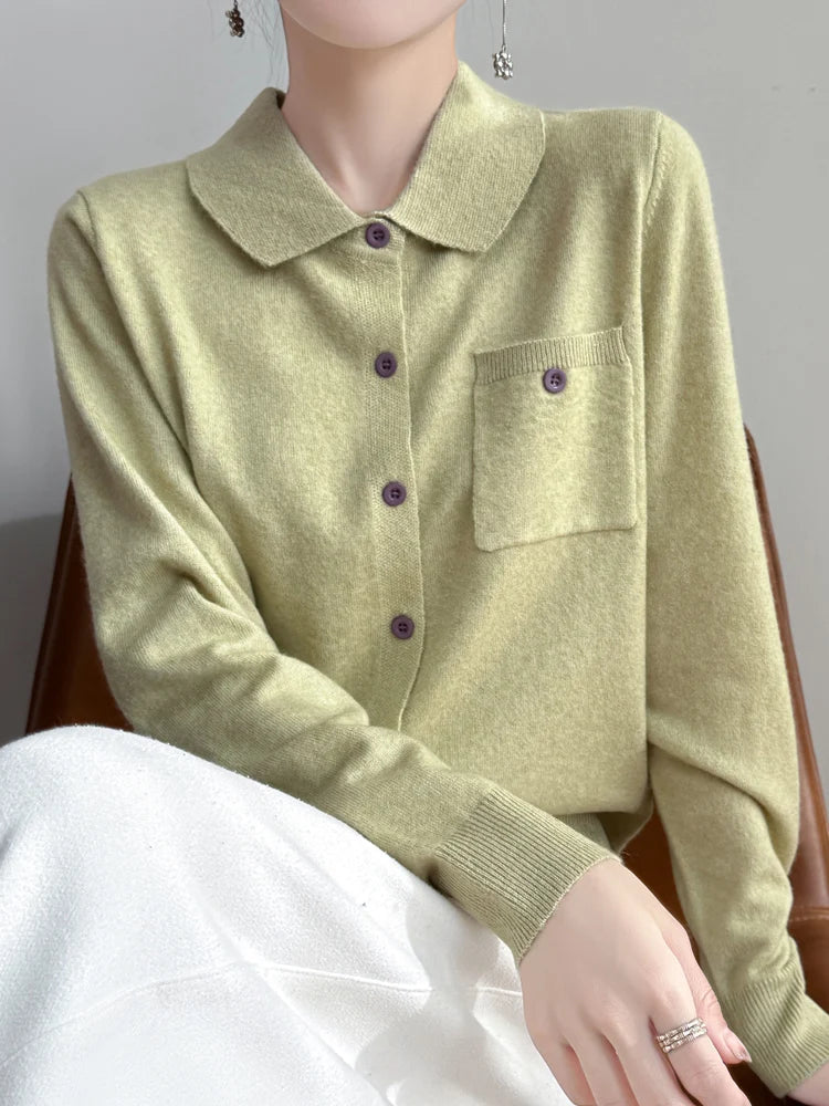 Women’s Polo Cardigan – Soft Merino Wool Button-Up Knit with Chest Pocket
