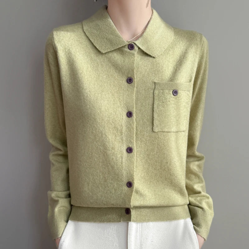 Women’s Polo Cardigan – Soft Merino Wool Button-Up Knit with Chest Pocket