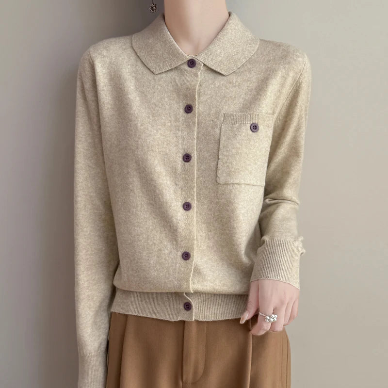 Women’s Polo Cardigan – Soft Merino Wool Button-Up Knit with Chest Pocket