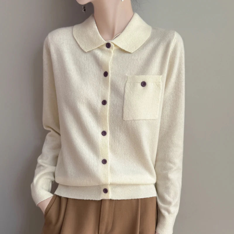 Women’s Polo Cardigan – Soft Merino Wool Button-Up Knit with Chest Pocket