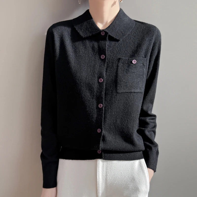 Women’s Polo Cardigan – Soft Merino Wool Button-Up Knit with Chest Pocket