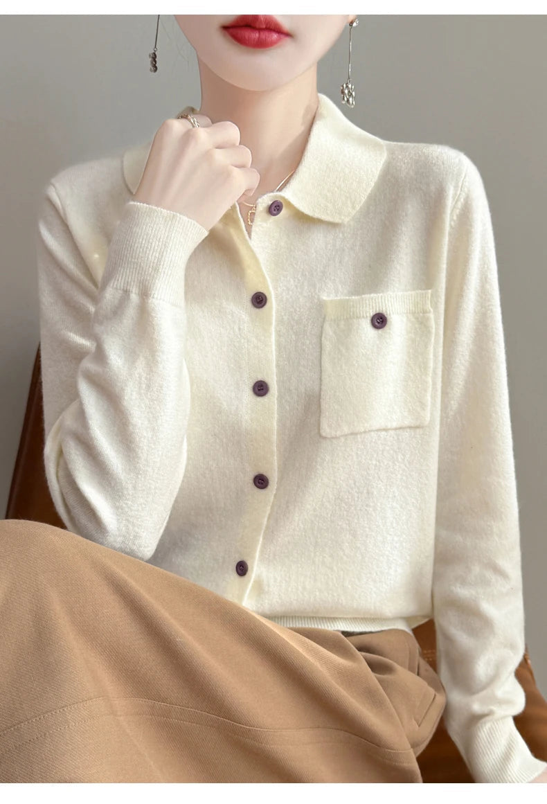 Women’s Polo Cardigan – Soft Merino Wool Button-Up Knit with Chest Pocket