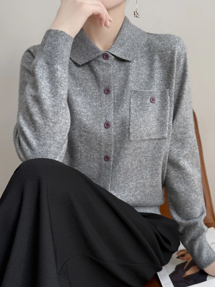 Women’s Polo Cardigan – Soft Merino Wool Button-Up Knit with Chest Pocket