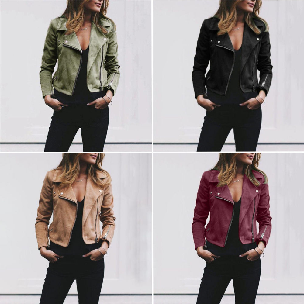 Women’s Faux Leather Moto Jacket – Asymmetrical Zip Biker Style with Chic Lapel Collar