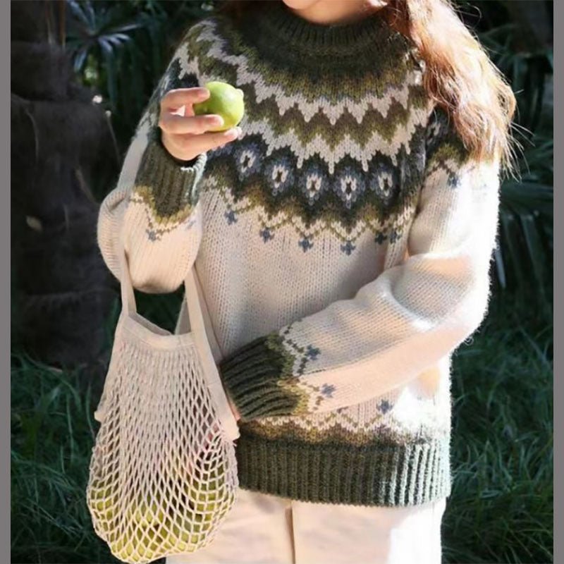Women’s Fair Isle Knit Jumper – Cozy Winter Crewneck Sweater with Classic Pattern