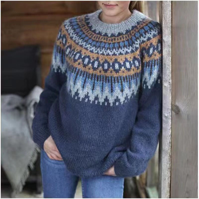 Women’s Fair Isle Knit Jumper – Cozy Winter Crewneck Sweater with Classic Pattern