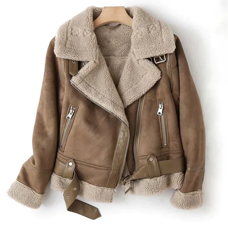 Women’s Faux Suede Shearling Aviator Jacket – Warm Winter Coat