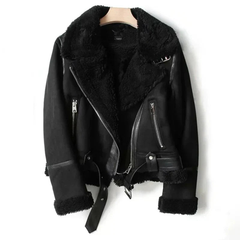 Women’s Faux Suede Shearling Aviator Jacket – Warm Winter Coat