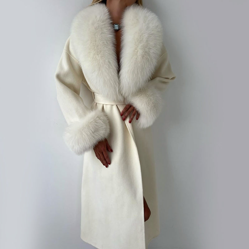 Luxury Faux Fur Collar Belted Long Coat for Women – Elegant Winter Wrap Jacket