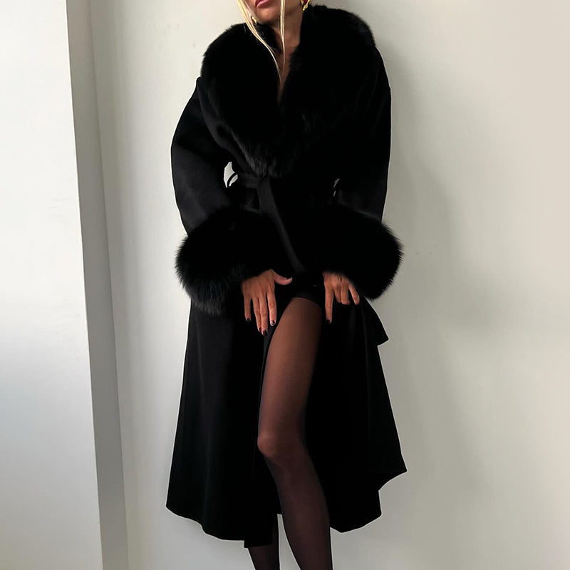 Luxury Faux Fur Collar Belted Long Coat for Women – Elegant Winter Wrap Jacket