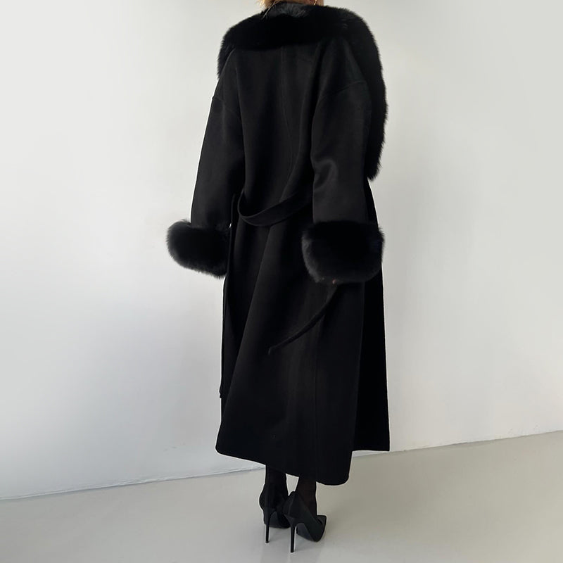 Luxury Faux Fur Collar Belted Long Coat for Women – Elegant Winter Wrap Jacket