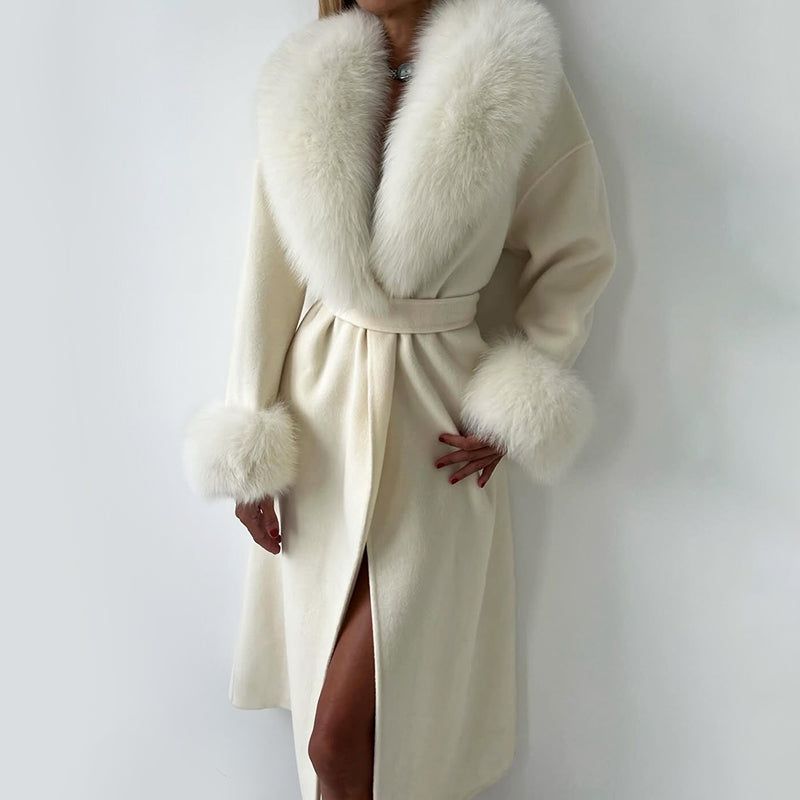 Luxury Faux Fur Collar Belted Long Coat for Women – Elegant Winter Wrap Jacket