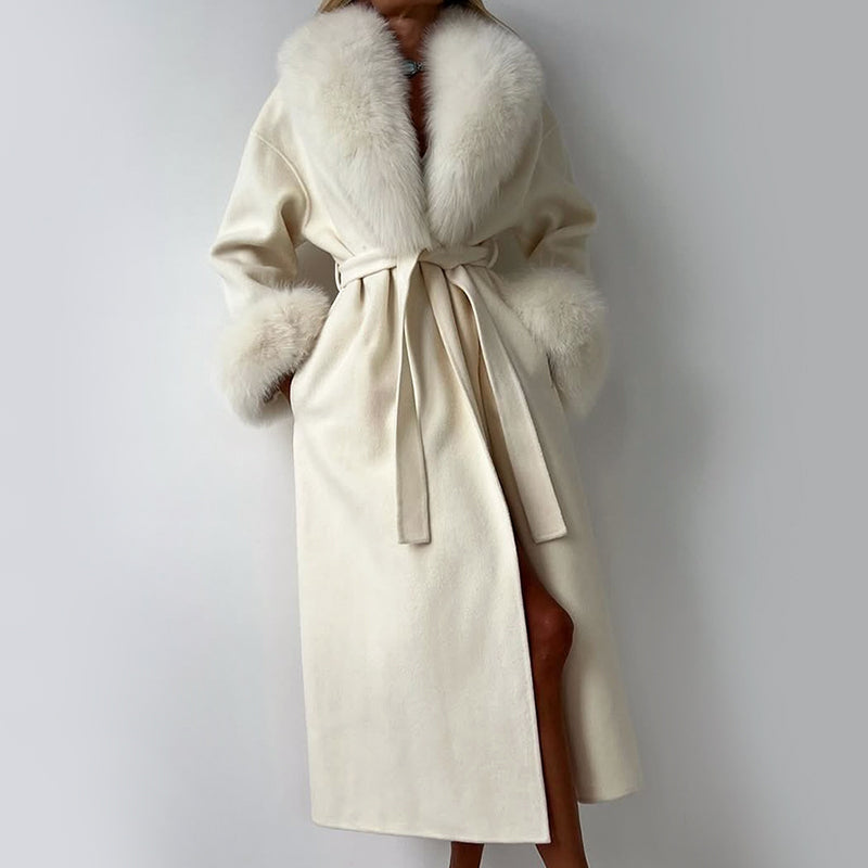 Luxury Faux Fur Collar Belted Long Coat for Women – Elegant Winter Wrap Jacket