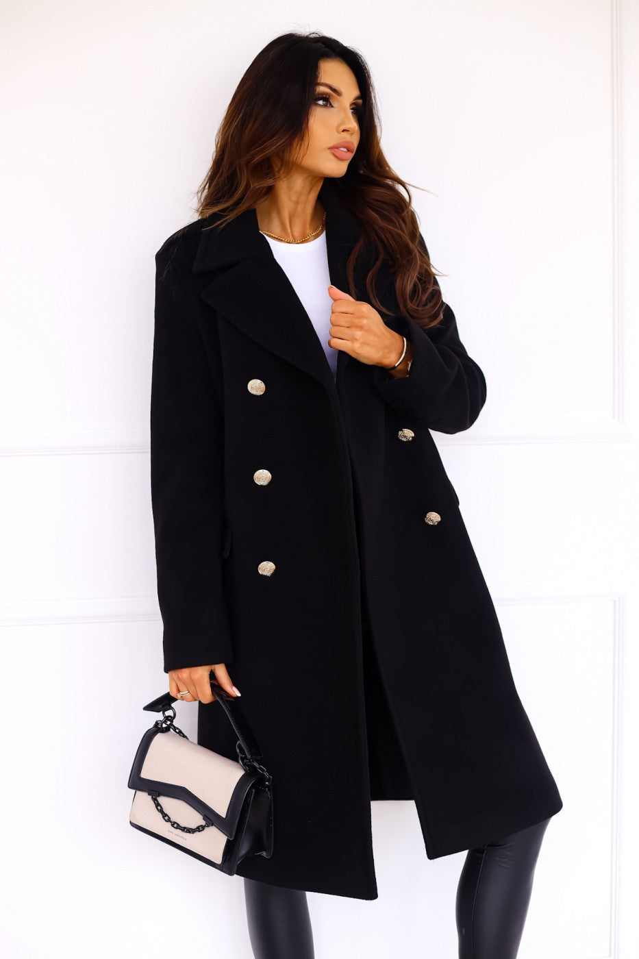 Women’s Double-Breasted Long Coat – Elegant Structured Outerwear with Gold Buttons